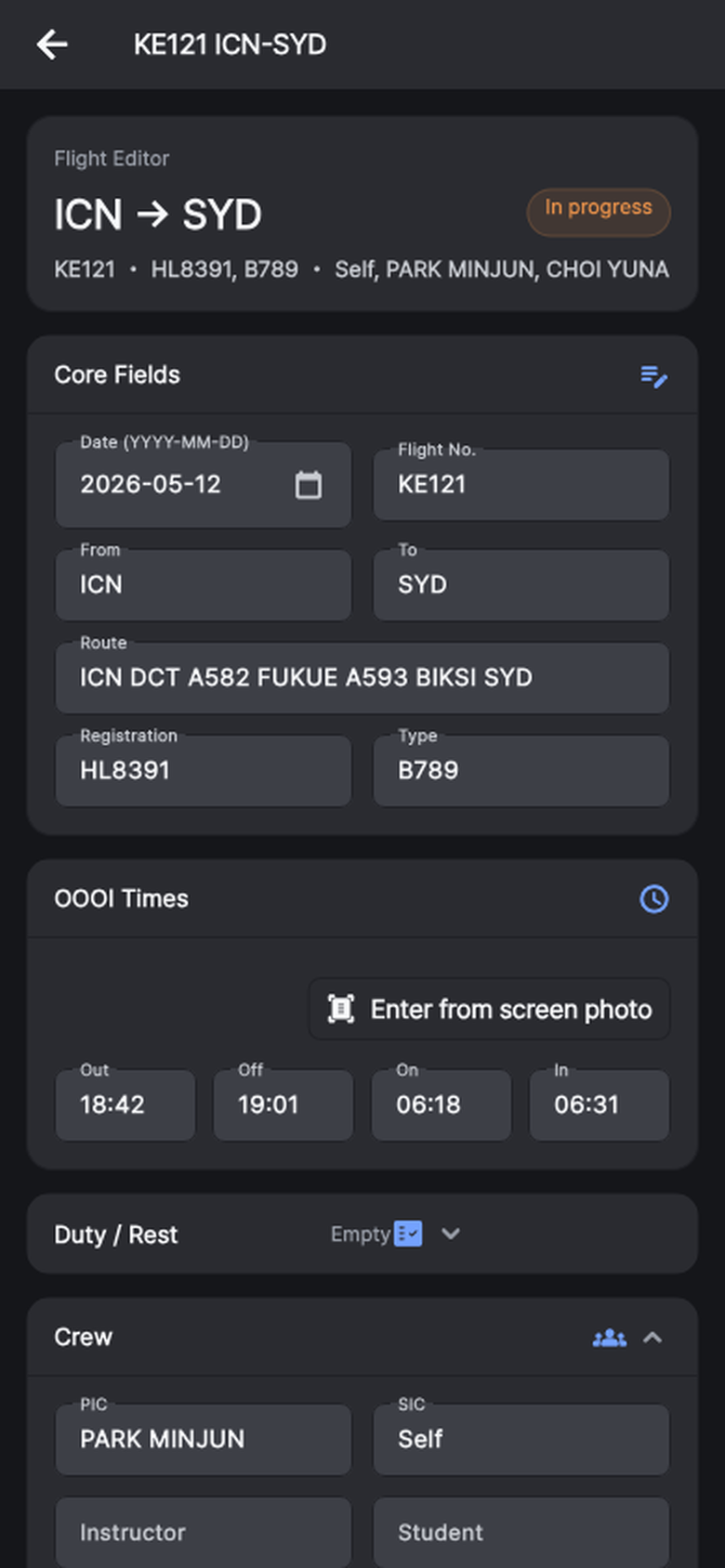 FlyTimeLog OOOI 필드가 포함된 비행 편집기 실제 화면