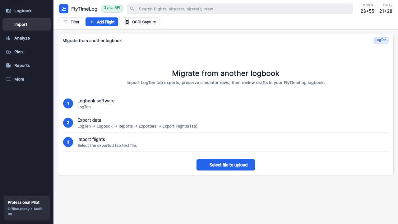 FlyTimeLog 웹 Import Hub 실제 화면