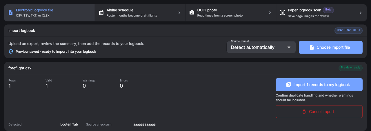 FlyTimeLog 웹 Import Hub 실제 화면